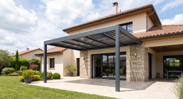 Photographie d'une maison résidentielle ou terrasse avec une pergola photovoltaïque moderne installée sur la facade ou en auvent, les panneaux solaires intégrés à la structure de la pergola créant à la fois une protection solaire et une génération d'énergie, en lumière naturelle diurne avec ciel dégagé ou légèrement nuageux.