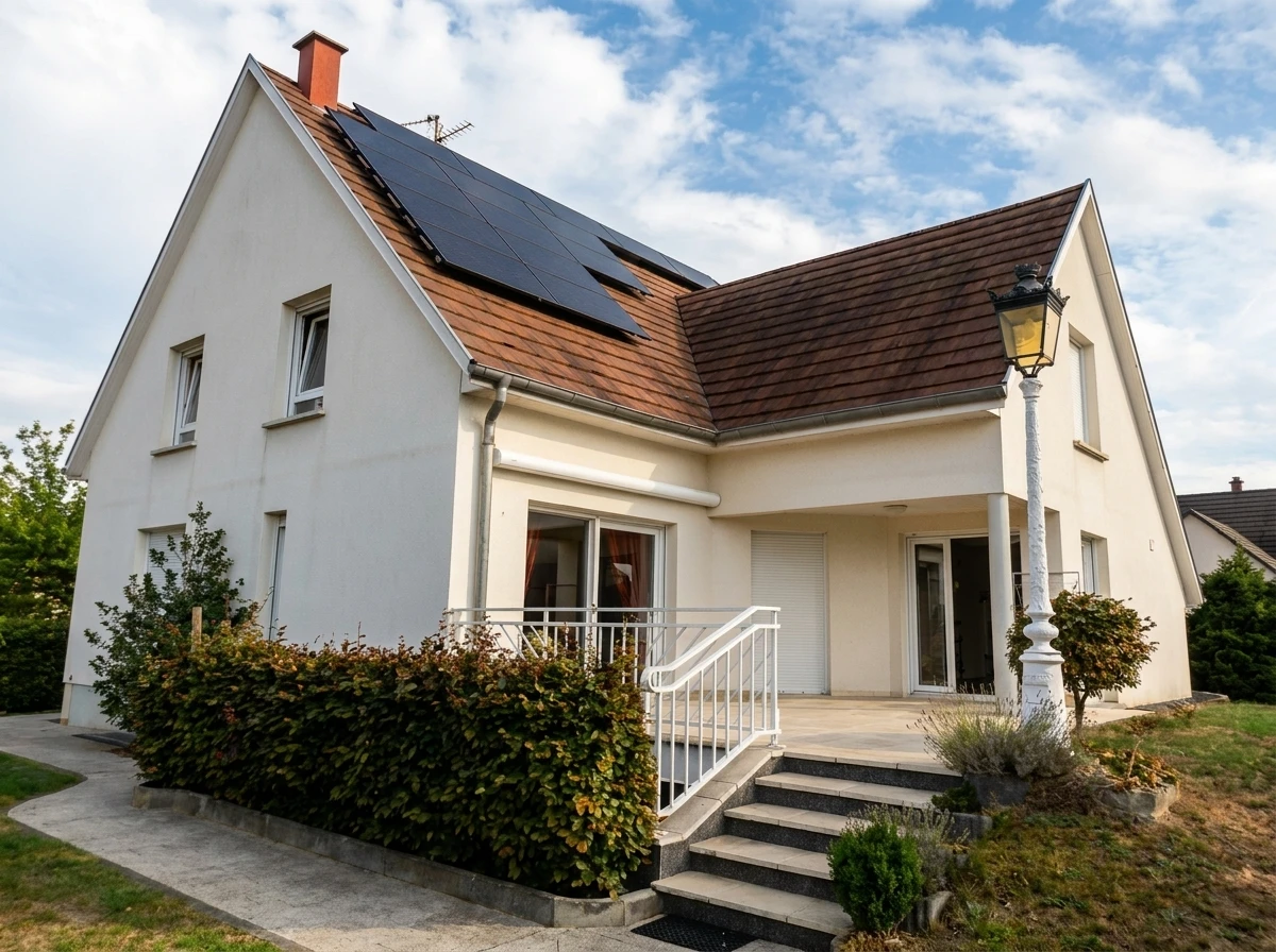 Extérieur résidentiel moderne avec pompe à chaleur air-eau installée sur terrasse pavée
